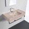 Beige Travertine Design Ceramic Wall Mounted Sink With Counter Space, Towel Bar Included